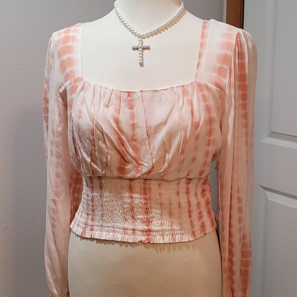 LOVE & PIECE PEACH TIE-DYE CROP TOP GAUZE RUFFLE BOHEMIAN LONG SLEEVE BLOUSE M - Picture 3 of 14